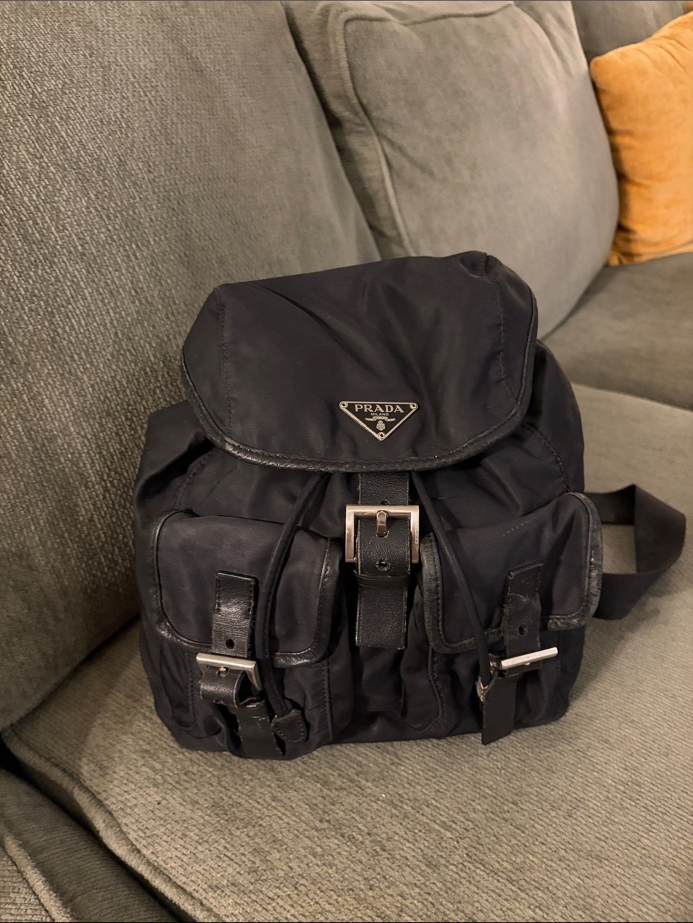 Well-loved Vintage Prada Black Nylon Buckle Front Backpack